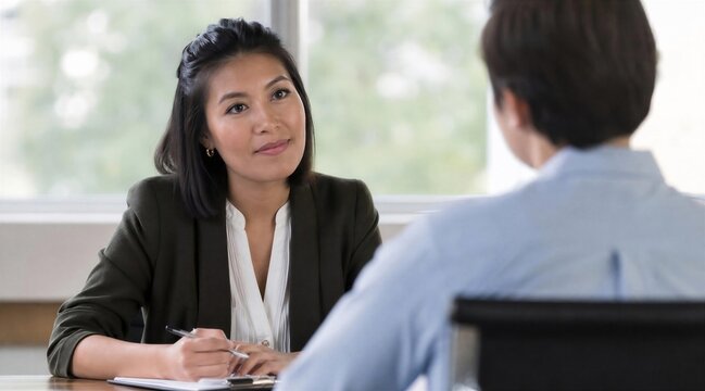 Woman in interview listens intently taking notes