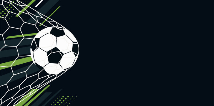 Football championship. Soccer ball in the net, shot on goal, flat style. Modern stylish vector horizontal banner for football, sporting events, championships, social media, tournaments, advertising