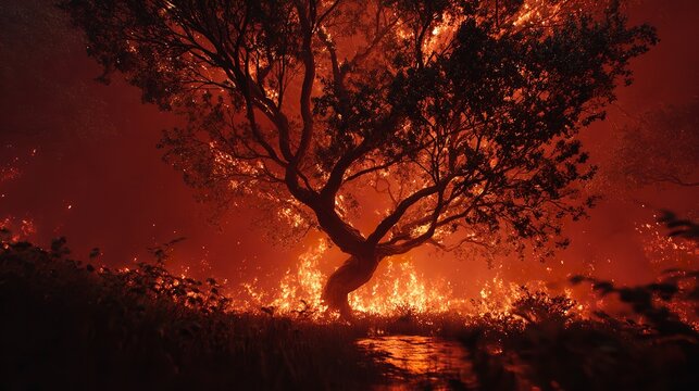 Solitary tree bravely stands amidst raging inferno, symbolizing resilience against destruction.