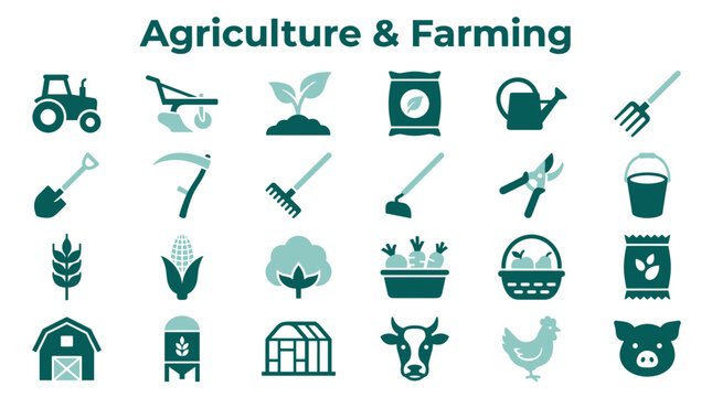Agriculture and Farming icons set representing crops machinery tools and livestock for modern food production and rural life concepts