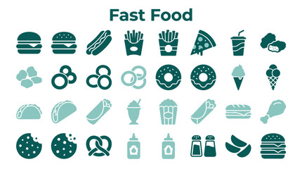 Fototapeta premium Collection of popular fast food icons and symbols representing a variety of delicious and unhealthy meal options