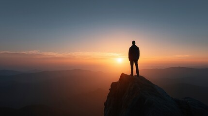 Fototapeta premium Standing on the mountain peak at sunrise, the distant horizon reminds us that perseverance and vision can reveal possibilities beyond every obstacle. 
