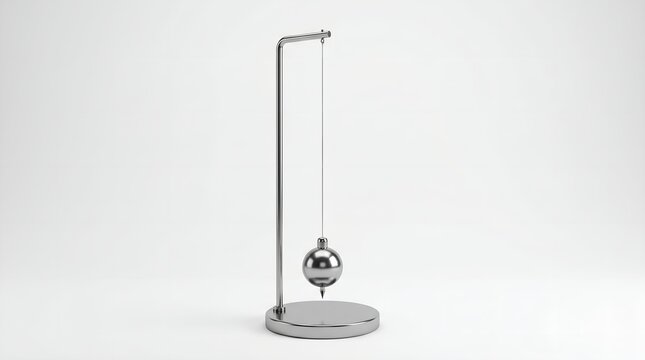 Chrome physical pendulum ball hanging on stand isolated on white background