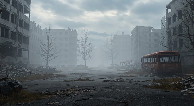Abandoned city street with ruined buildings and red bus