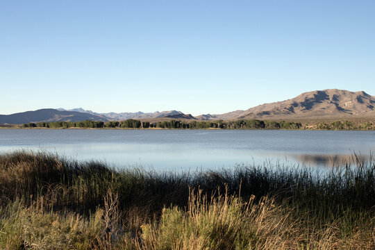 In early morning light, the Pahranagat Mountains reflect on the lake at Pahranagat National Wildlife Refuge in Nevada