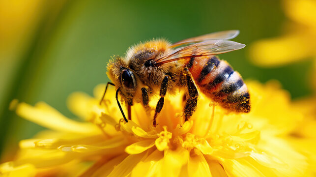 Close-up of honeybee collecting pollen from bright yellow flower with detailed wings and fuzzy body in natural environment