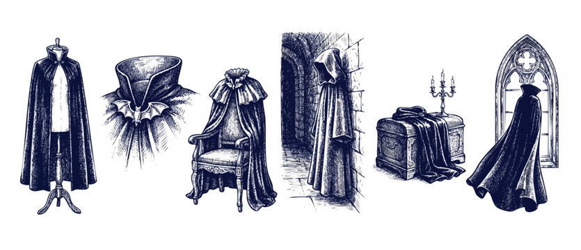 Gothic Vampire Cloak Engraving Set featuring medieval wizard capes, witch robes on mannequin stand, bat collars, and dark castle interior vignettes for spooky Halloween and fantasy design elements.