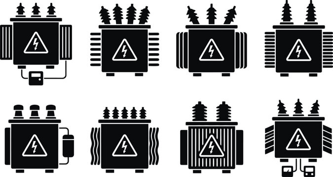 Electrical transformer icons set featuring black silhouette designs for industrial energy power and distribution grid systems