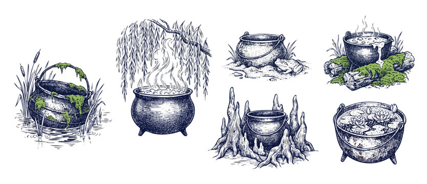 Witch cauldron engraving sketch set showing magic potion brewing in swamp with frog, weeping willow, mossy logs, and water lily flowers. Spooky fantasy witchcraft elements for occult Halloween.