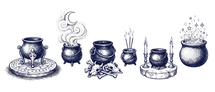 Witch Cauldron Magic Potion Clipart Set, Hand Drawn Engraving Illustrations of Pagan Wiccan Occult Ritual Elements, Halloween Vector Line Art Graphics with Skull Moon Candles Pentagram on White.