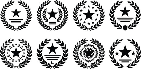 Fototapeta premium Laurel wreath icons set featuring black stars and circular shapes for professional achievement and award design