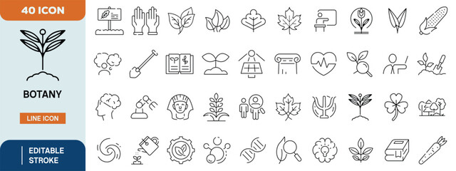 Fototapeta premium Botany Line Icon Set with Plants, Leaves, Sustainability, Ecology and Nature Elements – Editable Stroke Vector Collection