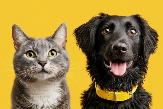 Portrait of gray cat and happy black dog with yellow collar sitting side by side against vibrant plain solid yellow backdrop.