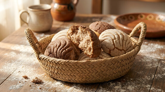 Traditional Mexican sweet bread known as conchas on the table