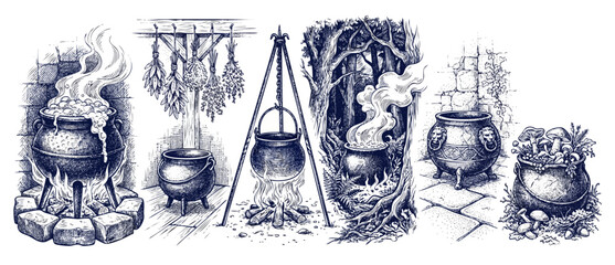 Witch cauldron sketch illustration set boiling over campfire, hanging on tripod, brewing magic potion with wild mushrooms and dried herbs in spooky forest, vintage black ink engraving style drawings. © Dinali