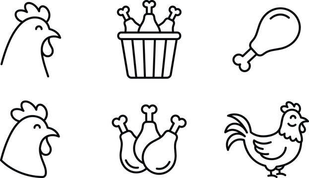 Clean Outline Style Chicken and Rooster Poultry Food Icon Set Featuring Head, Bucket, Drumstick, and Wings on White Background