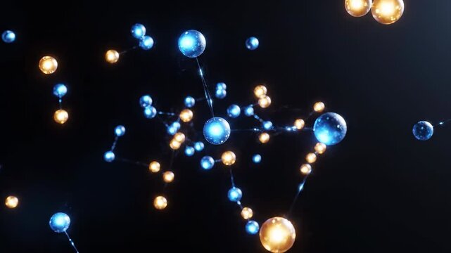Vibrant molecular structure with glowing spheres interconnected against a dark background, illustrating chemical bonds in a scientific visualization.