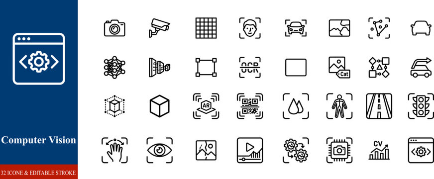 Computer vision icon set artificial intelligence machine learning and image recognition technologies