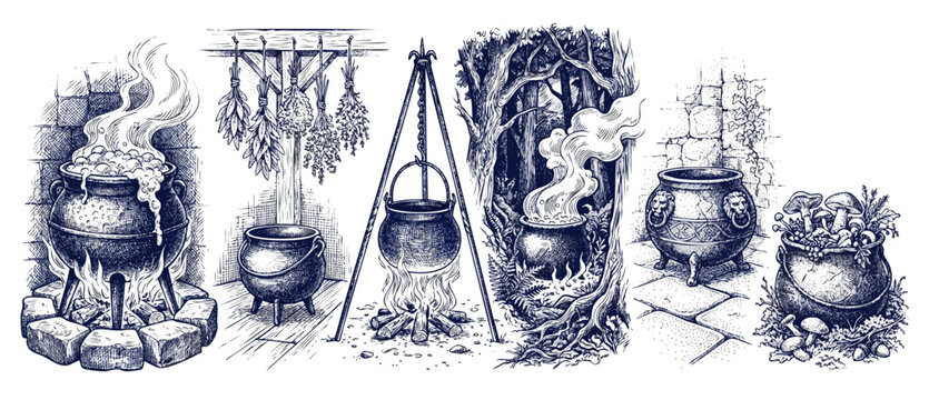 Witch cauldron sketch illustration set boiling over campfire, hanging on tripod, brewing magic potion with wild mushrooms and dried herbs in spooky forest, vintage black ink engraving style drawings.