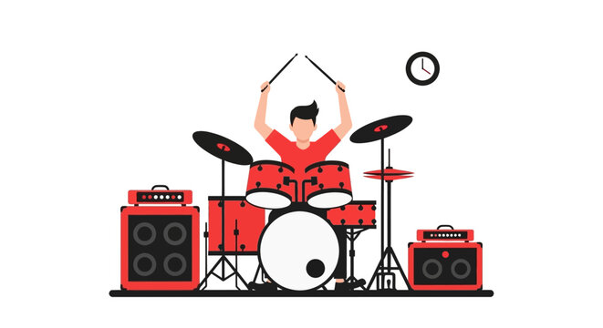 Male Drummer Playing Red Drum Kit with Amplifiers and Clock Flat Vector Illustration for Music and Rehearsal Concepts