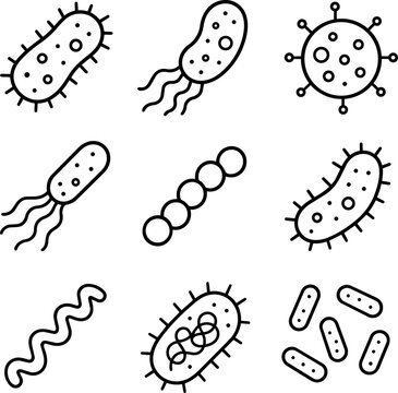 Microorganism and bacteria outline set with virus and germ symbols