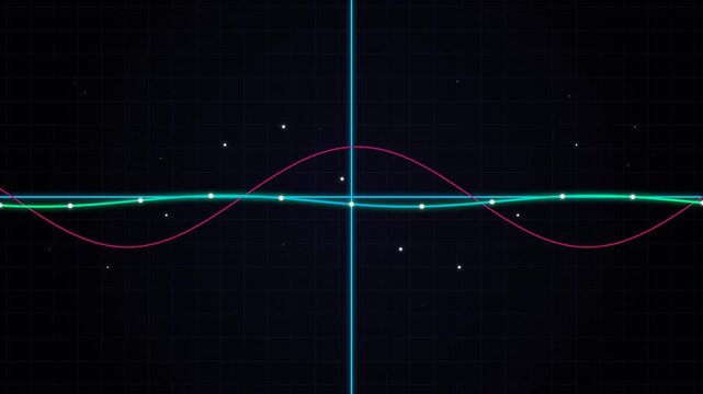 Abstract digital oscilloscope waveforms oscillating on a dark grid for data analysis.