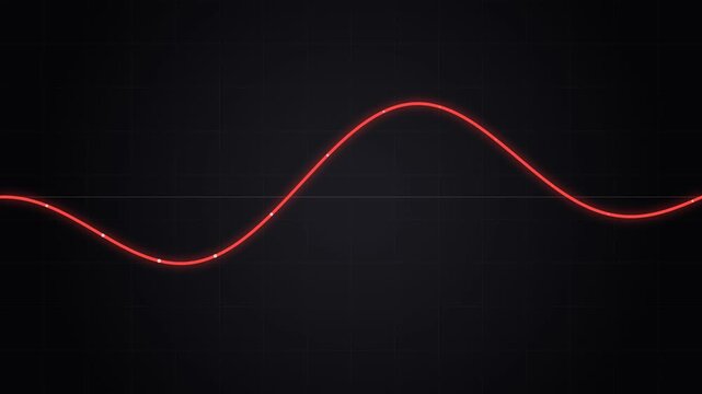 Glowing red sine wave moving on dark grid for audio or data concept