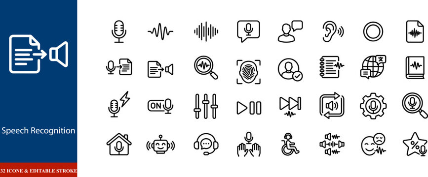 Speech recognition icons set 32 editable stroke icons for voice technology and audio applications