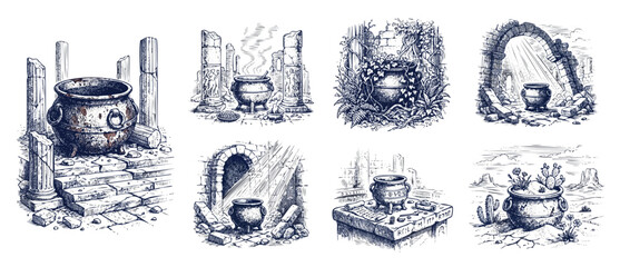 Fototapeta premium Cauldron engraving set ancient ruins in vintage hand-drawn illustration style featuring mystical pots, classical columns, pagan stone altars, overgrown temple arches and fantasy alchemy concepts.