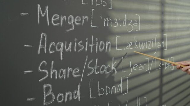 Middle aged Caucasian teacher pointing at business English terms on blackboard. Clip is perfect for educational videos, language school promotions, and financial literacy courses