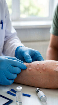 Close-up of allergy skin prick test: doctor in gloves assessing wheals on the forearm