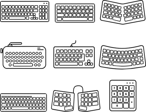 Outline set of computer keyboards typewriter and numeric keypad
