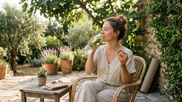Young Woman Drinking Detox Water with Lemon and Mint in a Beautiful Garden