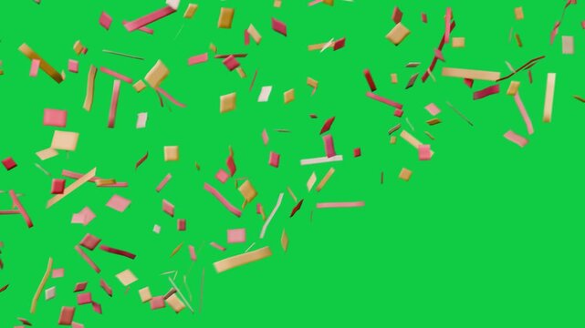 Confetti releasing top-left drifting diagonally and rotating on transparent backdrop to show motion