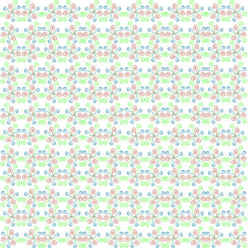 Padr&atilde;o ornamental sem emendas composto por espirais delicadas em azul, verde e marrom sobre fundo claro. Design elegante e repetitivo ideal para tecidos, pap&eacute;is, decora&ccedil;&atilde;o e estampas