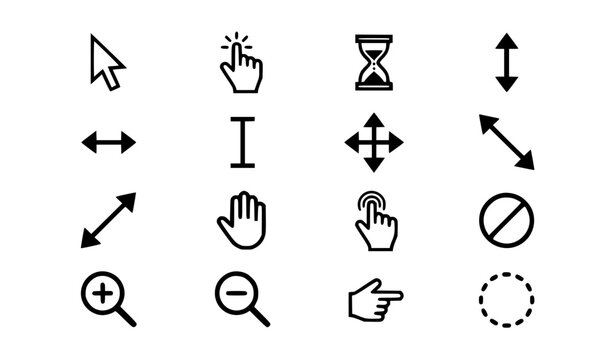 Modern mouse cursor and hand pointer icon collection in black and white outline style vector set