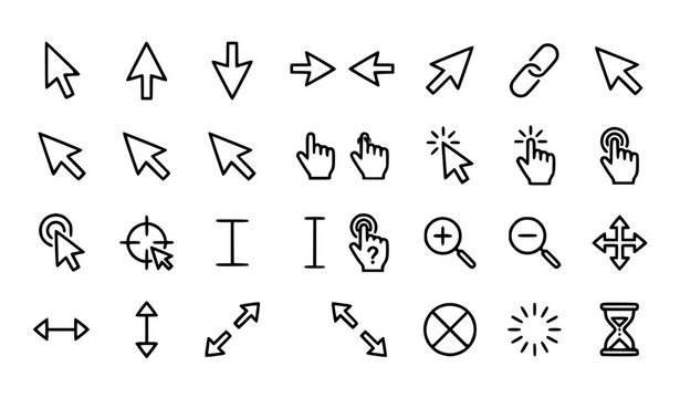 Black and white cursor icon set with mouse pointer click symbols for website button design vector illustration