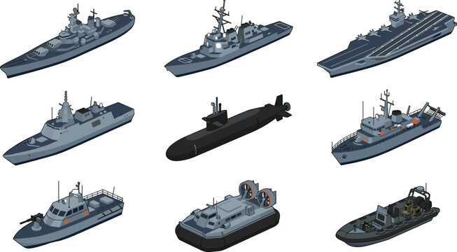 Isometric Military Navy Fleet Vector Set Featuring Aircraft Carrier Submarine Battleship Cruiser Destroyer Hovercraft Patrol Boat And Tactical Vessels Illustration