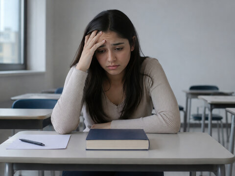 Worried Student Struggling with Exam Anxiety in Empty Classroom
