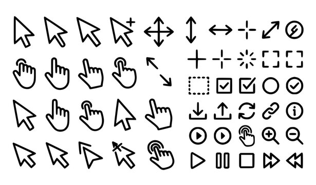 Black and white computer cursor icons with click and hand pointer symbols editable vector collection