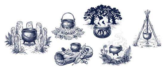 Witch cauldron magic potion illustration set featuring medieval engraving vignettes of pagan rituals, wiccan occult symbols, druid stone circles, and campfire cooking in a vintage woodcut style. © Dinali