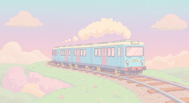 Blue passenger train on tracks in pastel landscape