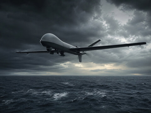 Armed Military Drone Conducting Maritime Patrol Over Stormy Sea