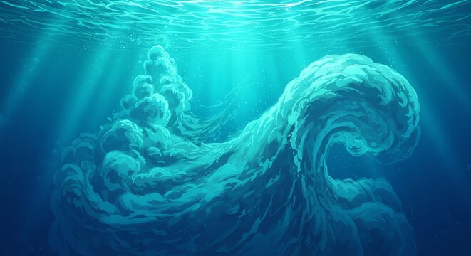 Blue underwater wave with sunlight beams