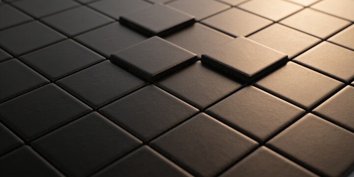 Raised black operational adaptation tiles on matte surface with warm light, modular business change background for strategy header and presentation copyspace