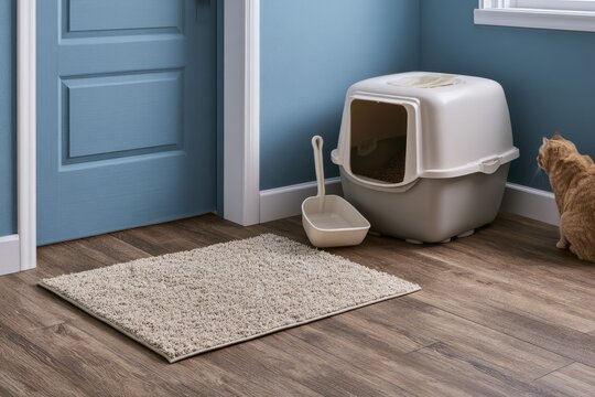 Litter tracking mat and covered cat litter box in mudroom with cat