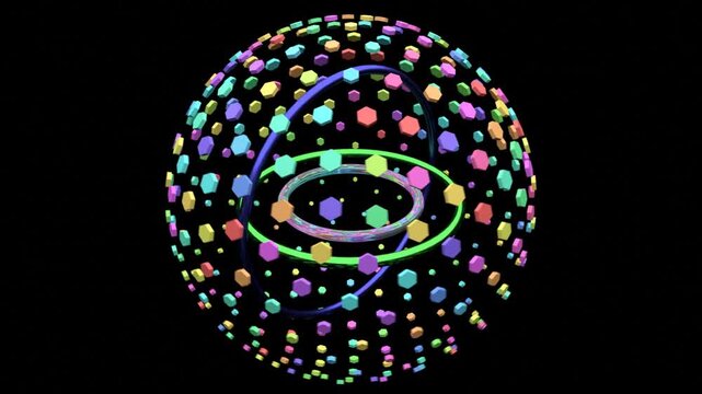 8 second seamless looping hexagon discs floating on sphere pulsing in size three rings spinner rotating centre animation screensaver visualiser motion graphics HD video black background 