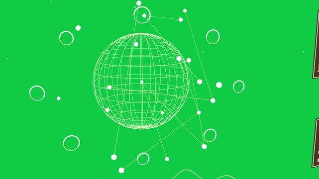 Camera moving, wire globe rotating, rods growing, links forming, showing network on transparent bg