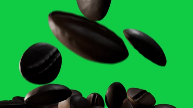 Roasted beans popping, tumbling from hidden gust, showing texture and shine on transparent backdrop