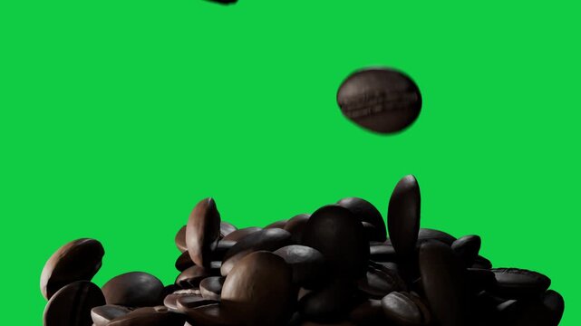 Roasted coffee beans dropping from above, striking pile and adding volume on transparent backdrop